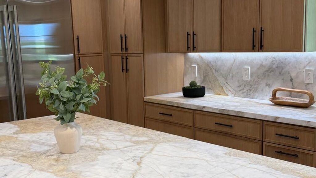 White oak cabinet doors and drawer fronts with black hardware